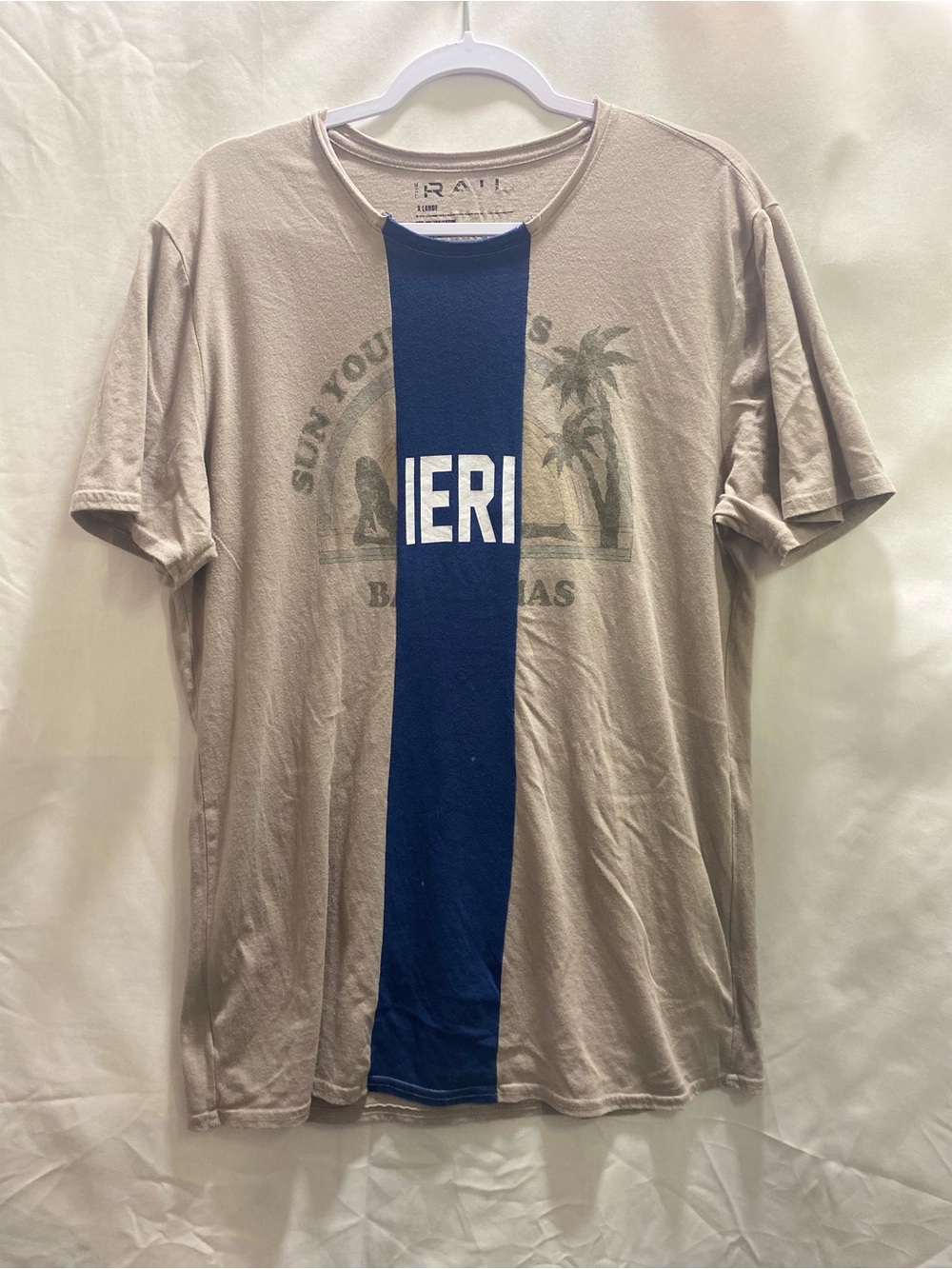 The Rail Logo Graphic Print Crew Neck Short Sleeve Beige/Blue Men's T-Shirt XL